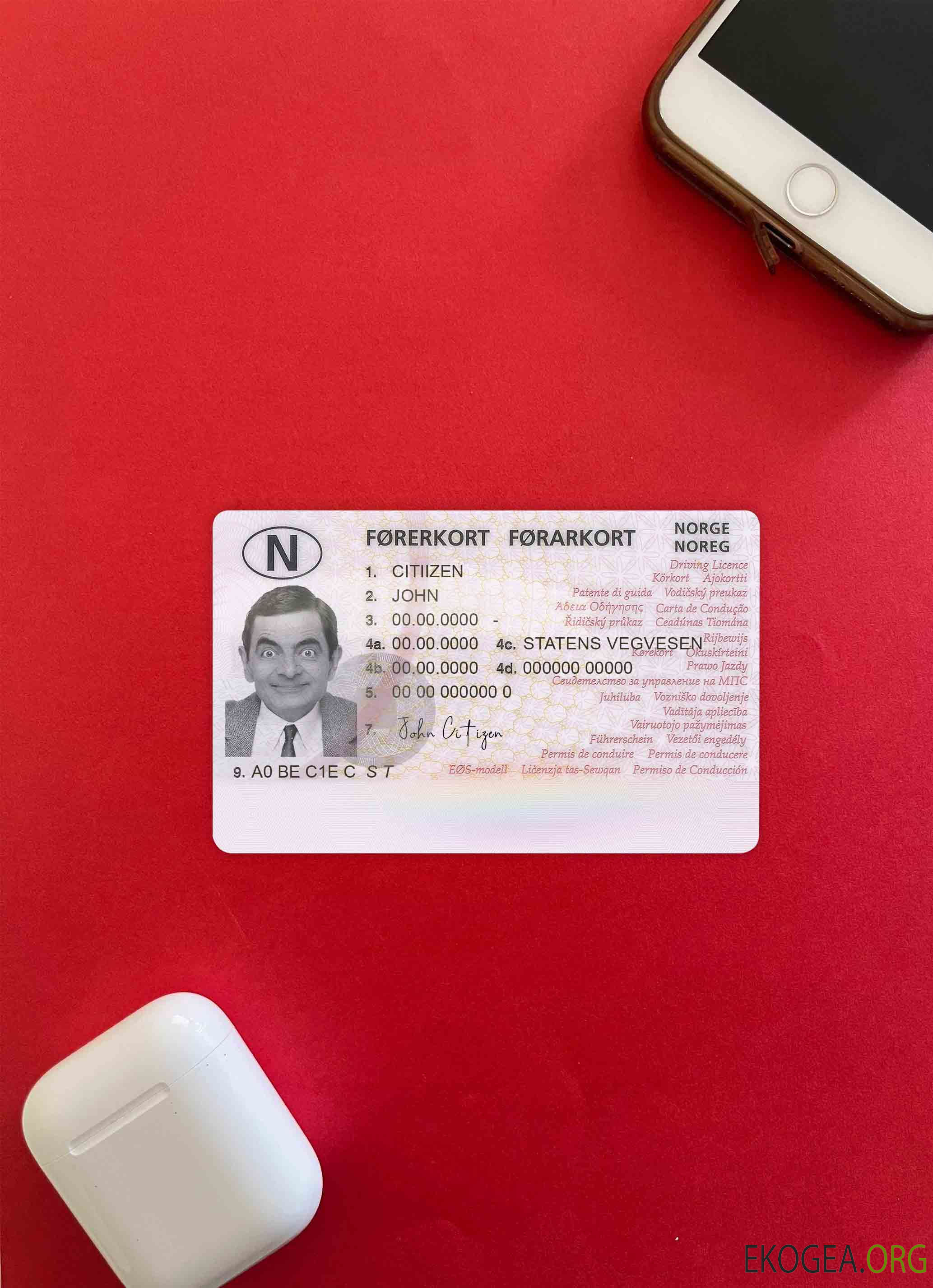 Modèle de permis de conduire norvégien, entièrement modifiable (2013 – présent) photolook AVANT